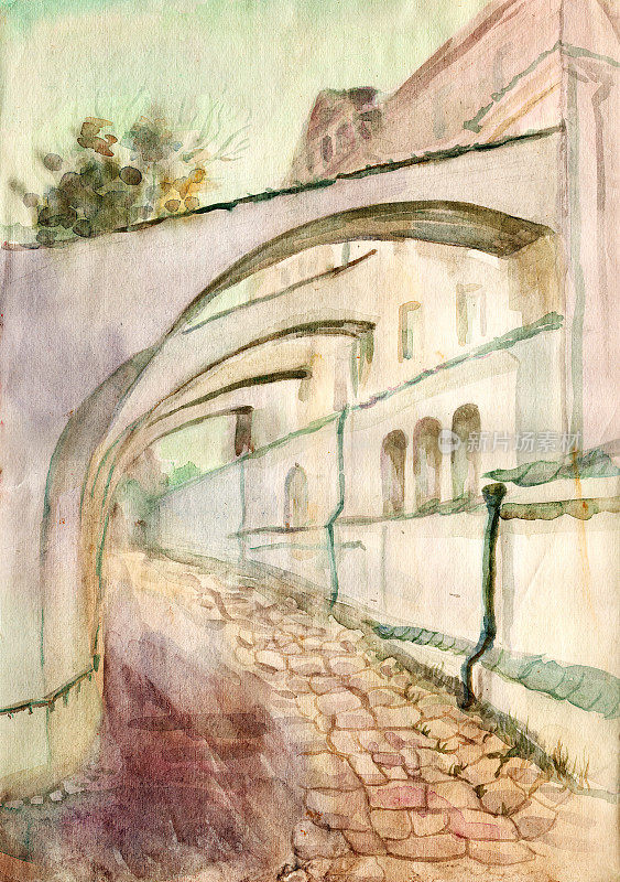水彩画山水速写。在基辅的Pechersk Lavra，建筑物之间的通道，墙壁之间的飞拱扶壁